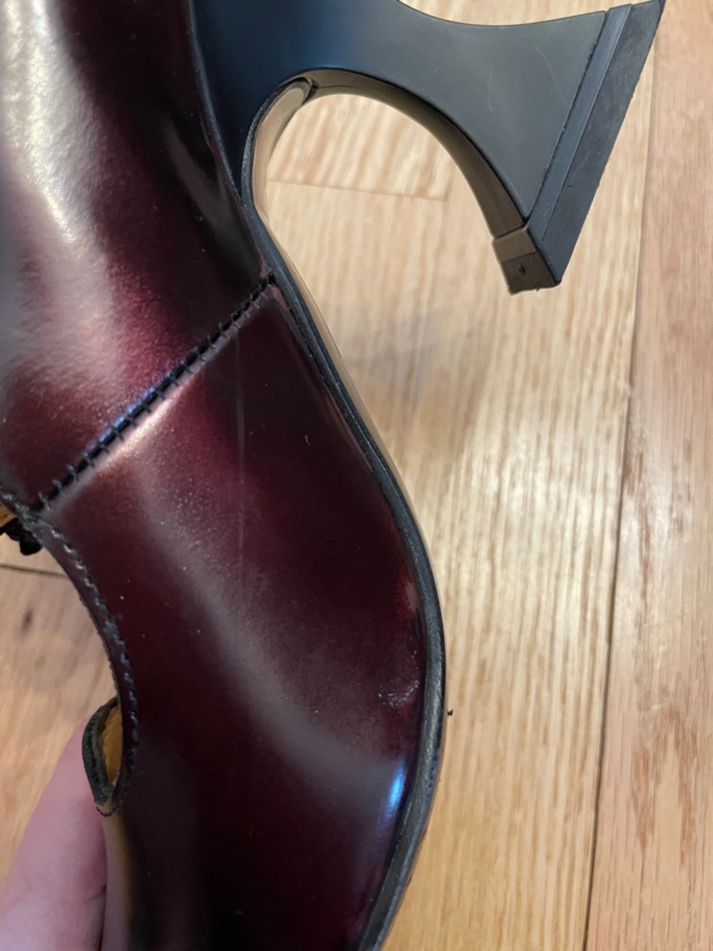 John Fluevog Women's Burgundy and Black Pointed Odette Mary Jane Heels - Picture 8 of 8